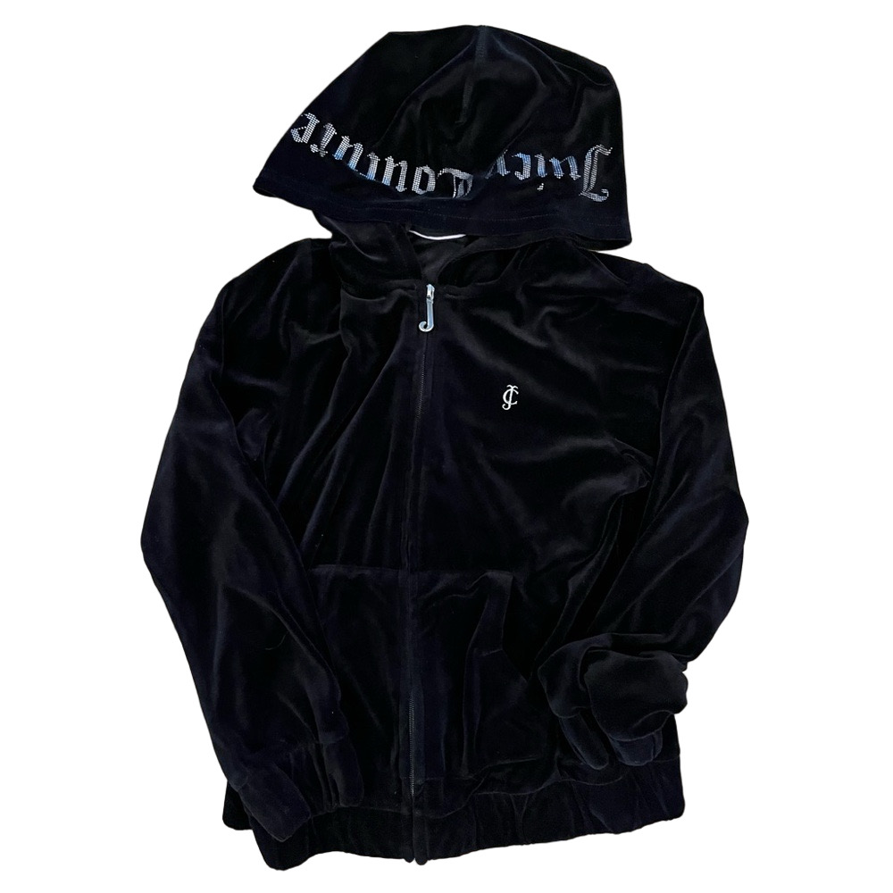 VTG Juicy Couture Black Velour Diamante Zip Up Hoodie Girls L (12-14)
